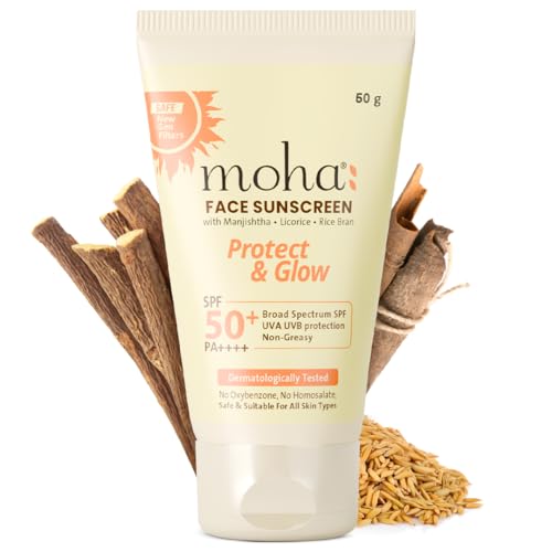 Image of Moha Face Sunscreen SPF 50+ PA++++ Pack Of 1, 50 g Photostable New-Gen UV Filters with Photoageing Repair Benefits | pH Balanced | Lightweight Sunscreen Lotion | Non-Comedogenic | For Sensitive Skin.