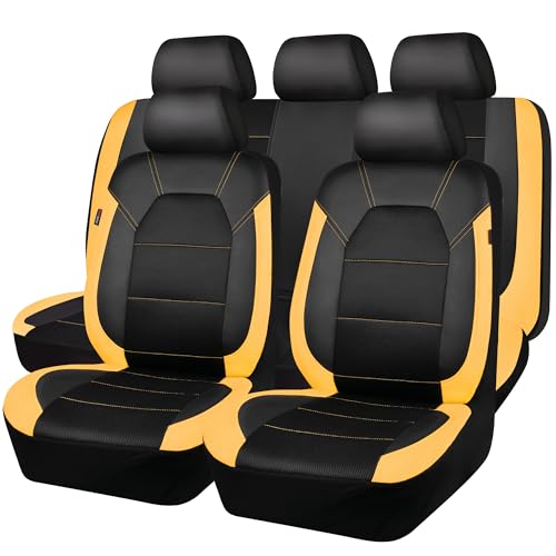 Image of CAR PASS Leather Seat Covers, Breathable Universal Car Seat Cover Full Set for Cute Women Girly,5mm Composite Sponge Inside,Airbag Compatible Fits Most Auto,SUVs,Trucks,Vans(Full Set,Black&Yellow)