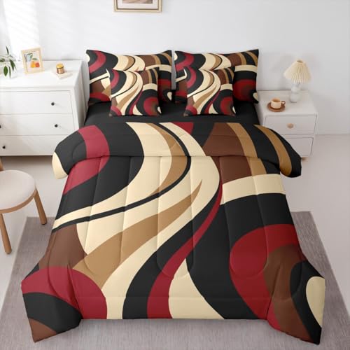 Red Brown Spiral 7-Piece Bedding Set Full Size Modern Swirls Stripes Abstract Bed in a Bag for Minimalists Boho Aesthetic Geometric Comforter Set with Sheets Graffiti Art Lines Duvet Insert