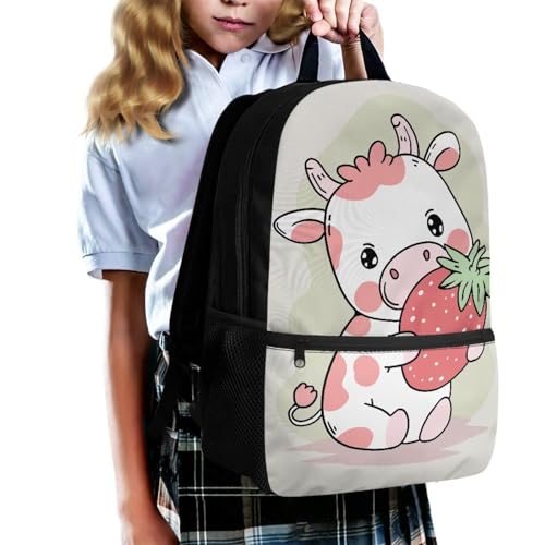Dreaweet Strawberry Cow Backpack for School Girls 3rd Grade Cute Bookbag for Girls 10-12 Years Old Kids Book Bag Elementary School Bag with Water Bottle Holder,Kawaii3