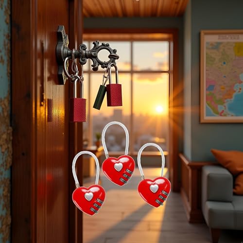 Image of 3Pcs Red Mini Love Heart Lock, Heart Padlock, Mini Code Lock,Padlocks and Hasps,Bags /Suitcase /Lockers /Backpacks /Jewelry Boxes Wire Rope 3-Digit Code Combination Padlock for Travel