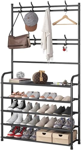 TFixol Simple Metal Coat Rack，Hallway Shoe Rack Coat Rack Wall Clothes Floor er Storage Wardrobe Multifunctional Combination Shoe And Rack 80CM-Back-4L Black 80cm wide