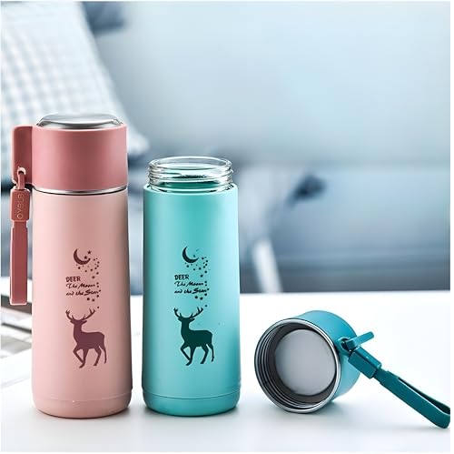 Image of Kid 450ml Water Bottle School Bottle, Cold Insulation, Leak proof & Break-proof, Kids Bottle, Easy to Carry Deer Print Water Bottle for Picnic, Office, Water Bottles with Steel Cap (White)
