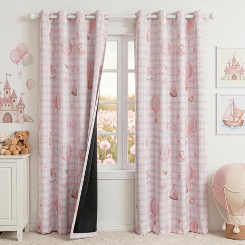 Image of MYSKY HOME Girls Pink Nursery Blackout Curtains Plaid Curtains 84 Inch Length 2 Panels Set Cute Patterns Grommet Window Treatments Thermal Insulated for Kids Girls Bedroom Living Room, Each Panel 52 inchW