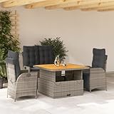 QUAHEAS 4-TLG. Garten-Essgruppe mit Kissen, Grau Poly Rattan, Verstellbarer Tisch, Bequeme Liegesessel, Outdoor Möbel Set für Terrasse & Garten