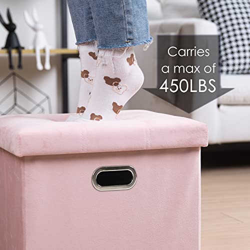 Prandom Ottoman With Storage [1-Pack] Velvet Folding Small Square Foot Stool With Lid For Living Room Bedroom Coffee Table Dorm Toy Pink 17X13X13 Inches #TOP5