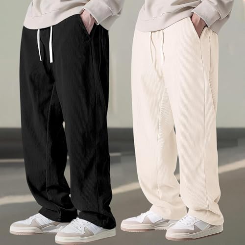 Image of Preneum Men Mid Rise Poly Cotton Loose Fit Trouser|Korean Style Travel & Lounge Wear with Pockets (Available in Plus Size)