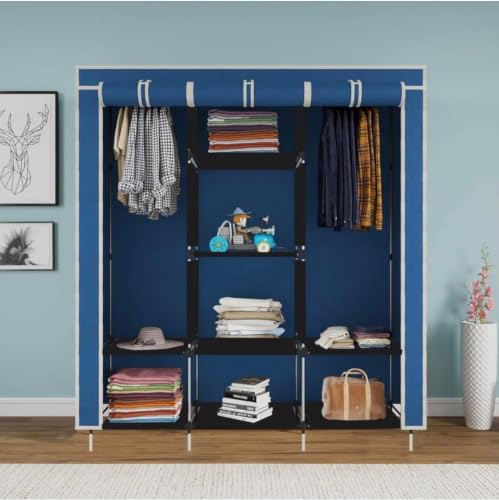 Image of Collapsible Wardrobe Closet for Clothes Storage, 8 Shelf Portable Fabric Almirah, Foldable Clothes Organizer with Plastic Frame, Space Saving Cupboard for Bedroom (Blue)