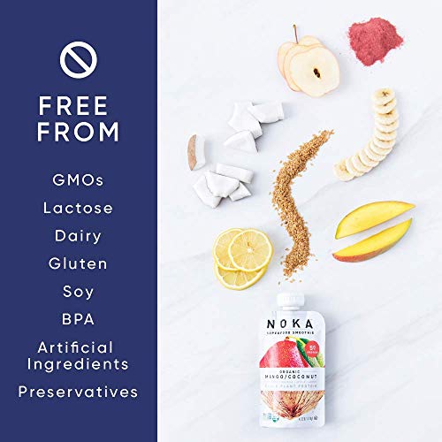 NOKA Superfood Pouches Mango Coconut, 100% Organic Fruit And Veggie Smoothie Squeeze Packs, Non GMO, Gluten Free, Vegan, 5g Plant Protein, 4.2 Oz (Pack of 6)