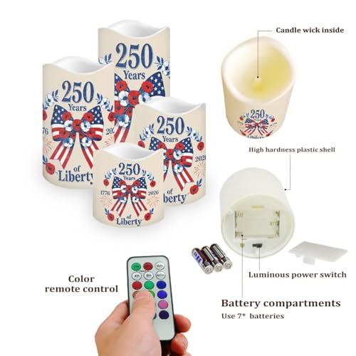 Image of 250 Years of Liberty Electric Flameless Candles Bow Flowers LED Battery Operated Remote 250th Anniversary Fourth of July Lamp Patriotic Decor for Home Patio Celebration Set of 4