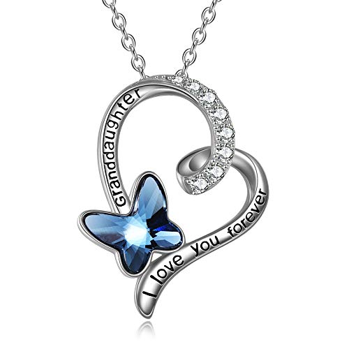 POPLYKE Granddaughter/Grandma/Nana/Daughter/Sister Necklace Gifts for Women 925 Sterling Silver with Blue Butterfly Crystal Heart Necklace, Valentine's Gifts for women