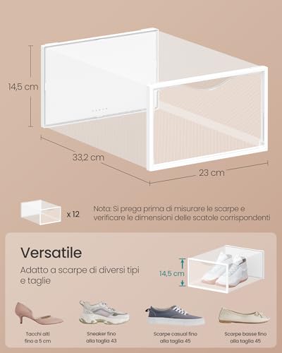 SONGMICS Scatole Contenitori per Scarpe in Plastica, Sportello, Trasparenti, 12 Pezzi, Impilabili, Facili da Montare, 33,2 x 23 x 14,5 cm, fino a Taglia 43, Trasparente e Bianco Nuvola LSP312W01 - Immagine 5