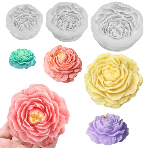 ZQYSING 3 Pcs Peony Candle Mold for Candle Making, Set of Large + Medium +Small 3D Peony Flower...