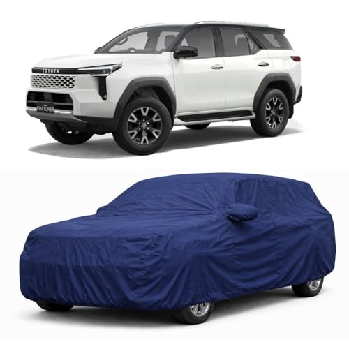 Image of Car Body Cover Compatible with Toyota Fortuner | Water, Dust & UV Protection | Mirror Pockets | Elastic Grip | Triple Stitch Toyota Fortuner Car Cover (Blue)