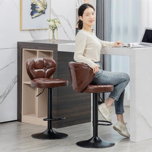FORRTY Tabourets De Bar Réglables en Cuir PU, Pivotants À 360°, avec Dossier Et Repose-Pieds, Tabouret Haut Design Moderne, Barstool Cuisine Îlot, Charge Max 200kg(Black Base,Marron) – vue 3
