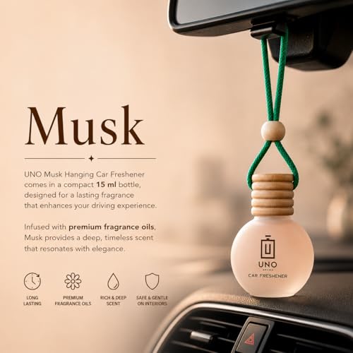 Image of UNO AROMA Musk Car Air Freshener, 15ml, Long Lasting Hanging car perfume, Toxin-Free Oil in Glass Bottle with Wooden Diffuser, Car Accessories for fresh aroma, Last Upto-60 Days