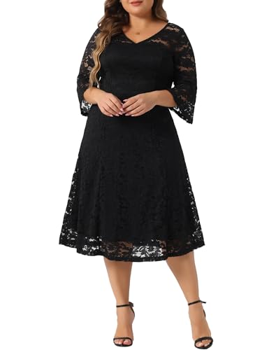Image of Agnes Orinda Plus Size Women's Lace Wedding Dress V-Neck 3 /4 Sleeve Midi Swing Evening Bridesmaid Dresses