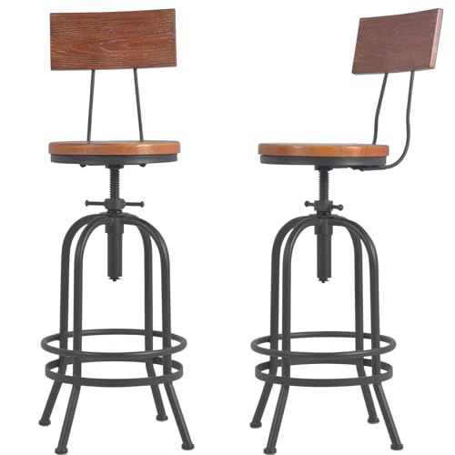 Bokkolik Set Of 2-Industrial Bar Stools With Backrest-Swivel Wood Seat-Bar Counter Height Adjustable 26-32.2Inch-Kitchen Island Dining Chair cover