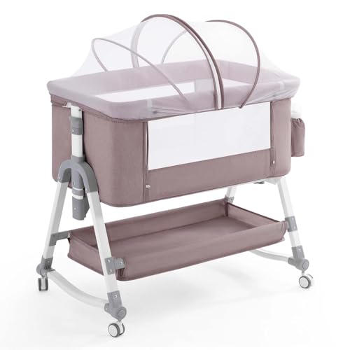 Image of Soobaby 3 in 1 Baby Bassinet, Rocking Bassinets Bedside Sleeper with Comfy Mattress and Wheels, Height Adjustable Easy Folding Portable Bedside Crib for Newborn Infant,Deep Khaki