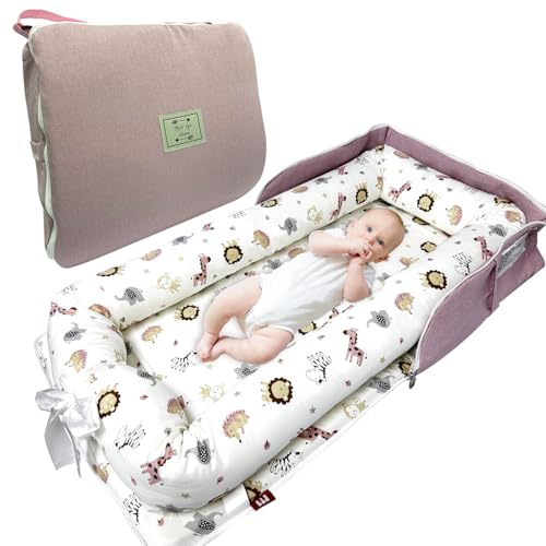 Image of Baby Lounger, Foldable Portable Infant Lounger, Baby Nest Cover, Suitable for 0-24 Months Newborn Baby Lounger,Home Travel Dual-Purpose Baby Nest（Pink Zoo）
