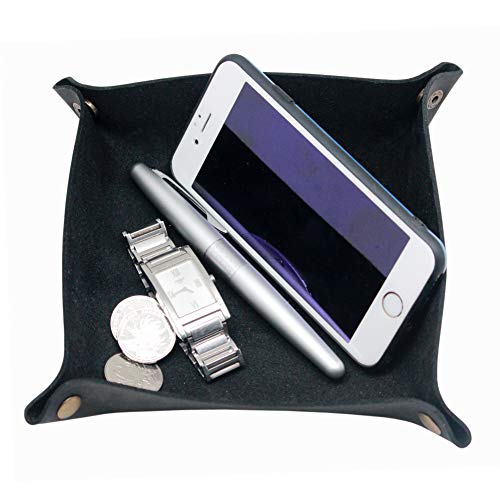 Image of boshiho Valet Tray for Men, Leather Jewelry Catchall Key Phone Coin Box Change Caddy Bedside Storage Box (Crazy Horse Leather - Black)