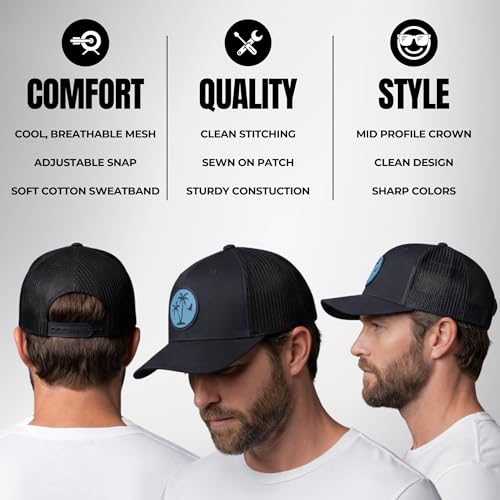 Image of LINDO Trucker Hat [ Palm Tree 2.0 Design ] for Men and Women: Mid Profile Cap with Breathable Mesh Back and Adjustable Snap