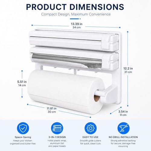 Image of Wall Mounted Foil and Cling Film Dispenser with Cutter - 3 in 1 Kitchen Wrap Organizer with Paper Towel Holder for Aluminium Foil, Butter Paper, Food Wrap and Roti Sheets