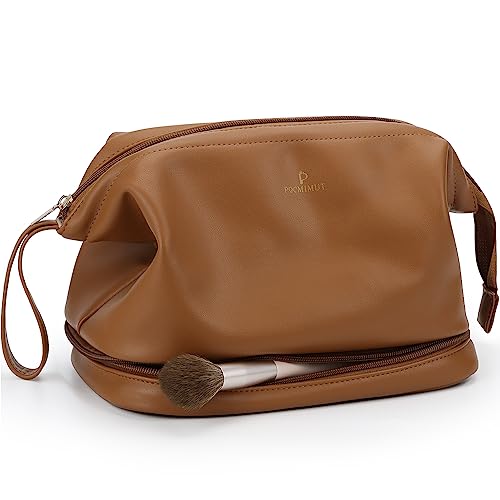 Pocmimut Bolsa de maquiagem, bolsa de cosméticos grande aberta para mulheres, bolsa de higiene de camada dupla organizadora para pincéis com espelho de maquiagem, branca, Marrom, Large, Couro PU