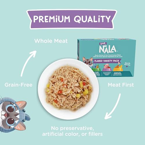 Image of LOVE, NALA - Natural Adult Cat Wet Food - FLAKED Variety Pack - Salmon, Tuna, Chicken - Grain Free, Non-GMO, Lean Protein, Omega 3, Digestive Fiber Blend, Added Minerals & Vitamins - 12 Pack