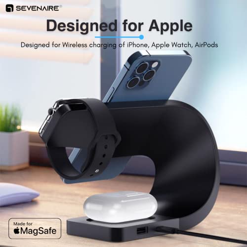 Image of Sevenaire MagCharge D1800 3-in-1 Wireless Charging Dock [23W Fast Charge] [Mag-Safe Compatible] for iPhone 17,16,15,14,13,12 Series | iWatch | Air-Pods (BLK with 18W Adapter)