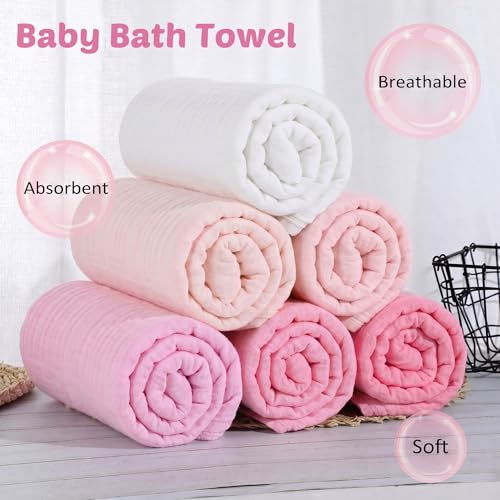 Image of Chumia 6 Pack Baby Muslin Bath Towels Bulk 43.3 x 43.3 Inch 6 Layer Soft Cotton Swaddle Receiving Blankets Breathable Quick Dry for Newborn Infant Toddler, Baby Shower Registry Gifts(Pink and White)