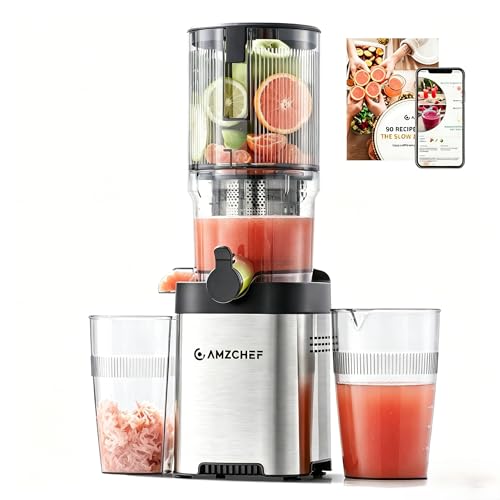 Image of AMZCHEF Cold Press Juicer Machine, 5.2 inch Large Self-Feeding Chute for Whole Fruits & Vegetables, Masticating Juice Extractor with Large Auger & Triple Strainers, Easy to Clean