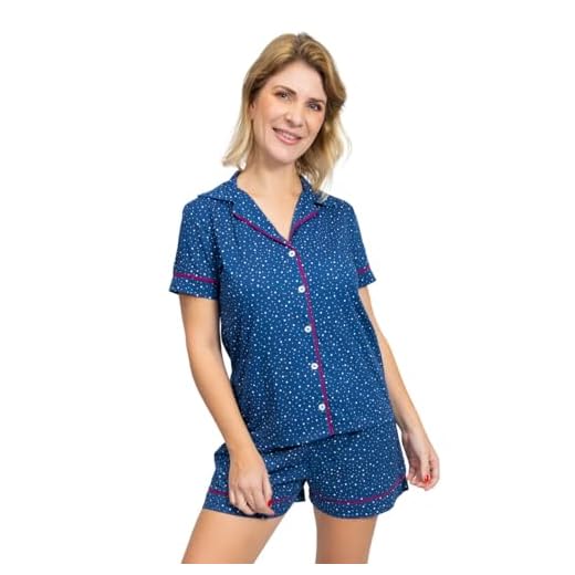 Pijama Algodão Feminino Americano Manga Curta com Botões Verão Adulto indicado Gestante Amamentação e Pós cirúgico -Poá Marinho (BR, Alfa, 4G, Regular, Regular, MARINHO)