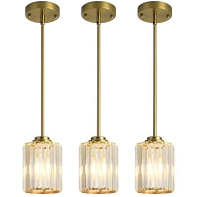 PUAMUBUA Pendant Lights Kitchen Island 3 Pack, Gold Modern Crystal Mini Chandelier Ceiling Hanging Pendant Light Fixtures for Kitchen Hallway Dining Room Bedroom