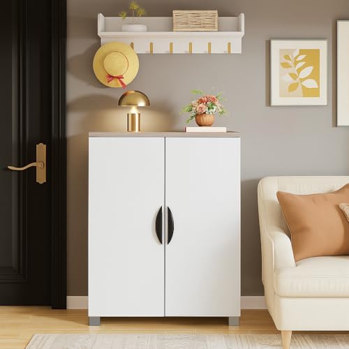 LERIMO Elano 2-Door Engineered Wood Shoe Rack, 4-Tier Shoe Storage Cabinet with Doors Adjustable Shelves, Wooden Shoes Rack Organizer for Entryway, Hallway, Closet, Living Room (Wotan Oak & White-)