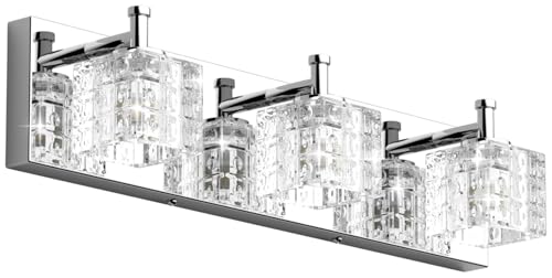 Image of Ralbay 3 Lights Crystal Bathroom Vanity Light Modern LED Chrome Vanity Light Fixtures for Bathroom Over Mirror