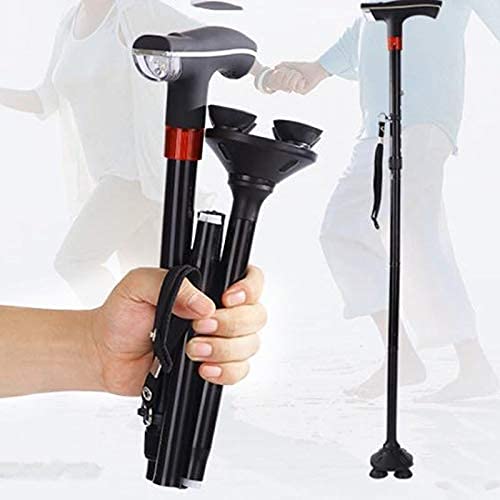 Bastón para Caminar Ancianos Bastón Plegable para Caminar Soporte de Aluminio Muletas Telescópico Antideslizante Bastón Ajustable de Cuatro Patas con luz LED Alarma SOS Decorate