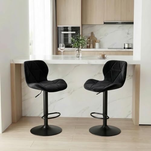 Alivio Adjustable Bar Stool with Backrest, Modern Faux Velvet Bar Chairs with 360 Degree Swivel, Hydraulic Height Adjustment, Footrest & Heavy Metal Base (Set of 2, Velvet Black)