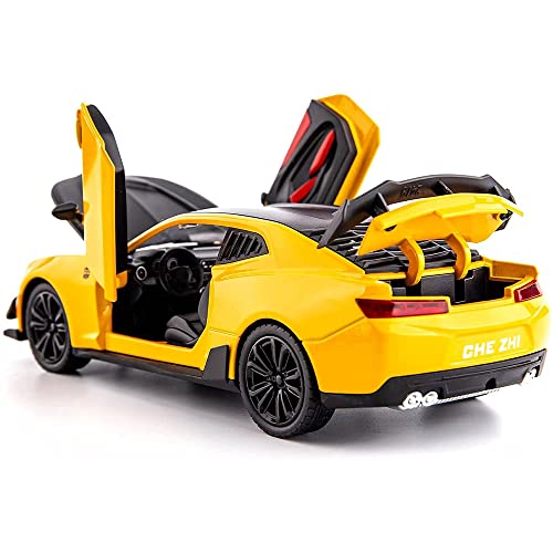 Image of DEUSON ECOM 1:32 Camro Toy Car for Kids Diecast Metal Cars Model Car for Kids Sound Light Pull Back Openable Door, Yellow