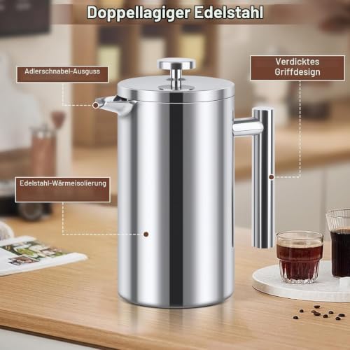 NVIYAM Kaffeebereiter French Press Edelstahl, 1000ml French Press, Doppelwandig Isoliert Kaffeepresse, Kaffee Französische Presse für Haus, Camping und Büro – Bild 5