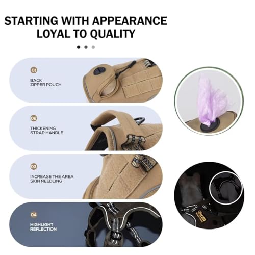 Tactical Dog Harness and Leash Set for Small Medium Large Dogs Reflective Pet Harness Waterproof Adjustable Dog Vest Handle Bag Night Easy Walk Hiking Training (Brown + Dog Leash, Small) - Image 4