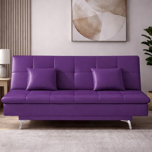 Image of Casaliving Danny 3 Seater Sofa Cum Bed Leatherette Fabric (Purple) with Two Cushions Perfect for |Home Living |Office Room and Guest Room Premium Sofa