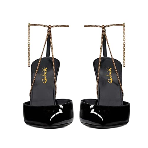 XYD Women Chic Pumps with Ankle Chain Strap Pointed Toe Patent Leather Block Metal Golden High Heels Cocktail Formal Party Sandals Shoes3