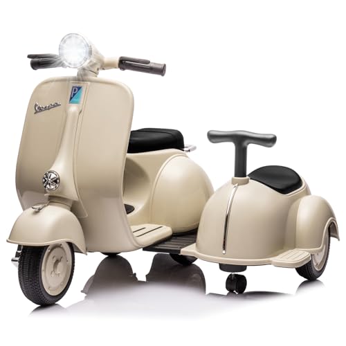 Licensed Vespa Ride on Toys, Motorcycle with Side Car & Speaker | Motorcycle 3 Wheeler 2 Seater Car Rechargeable with Music Player, Headlight, USB...