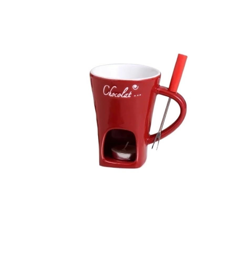 ruehalf 4.4OZ European Candle Cup Cheese Chocolate Melting Ceramic Mug With Fork Creative Coffee Mug Tableware(red)