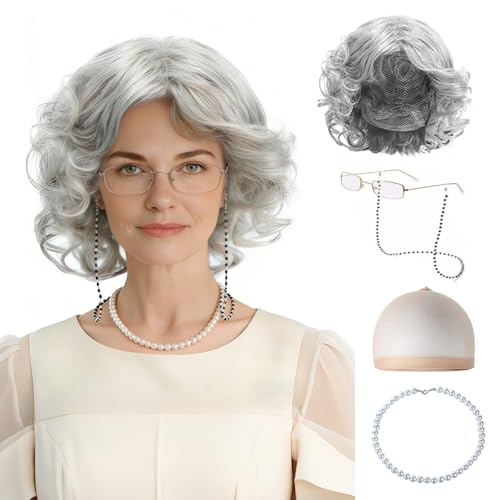 Feithmonic 5pcs Déguisement Grand-Mère, Perruque Grand Mere Adulte, Perruque Vieille Femme Grise, Lunettes avec Chaîne, Collier, Bonnet, Deguisement Vieille Dame...