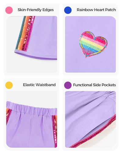 Image of WELAKEN Girls 2 Piece Outfit Kid Toddler Heart & Rainbow Sequin Striped T-shirt and Shorts Clothing Set