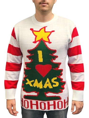 I Love Xmas HO HO HO Ugly Christmas Sweater - Holiday Movie Costume Party 00s Gift - Stripes Tree Star Candy Canes - White