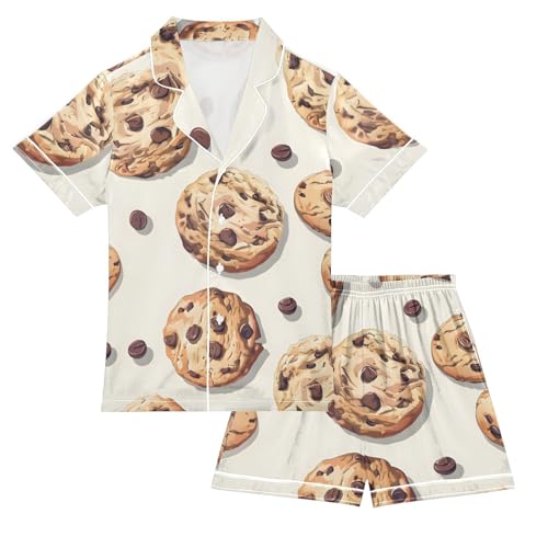 Satin Pajama Sets Short Sleeve Cookie Pattern with Chocolate Chips Button Down Silky Nightwear 2 Piece PJS 5-14Y