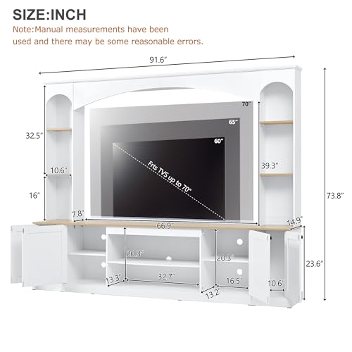 Image of JIJIWANG 91 inch Arched Entertainment Center with Bookshelf for TVs Up to 70 inch, Large Wall Unit Tv Stand with Storage Adjustable Shelves Doors for Living Room White